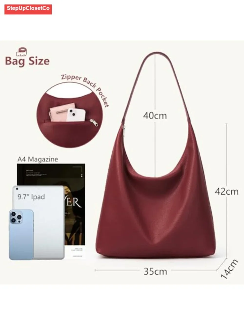 Slouchy Tote Bag 18L Casual Vegan Leather Crescent Hobo Zipper